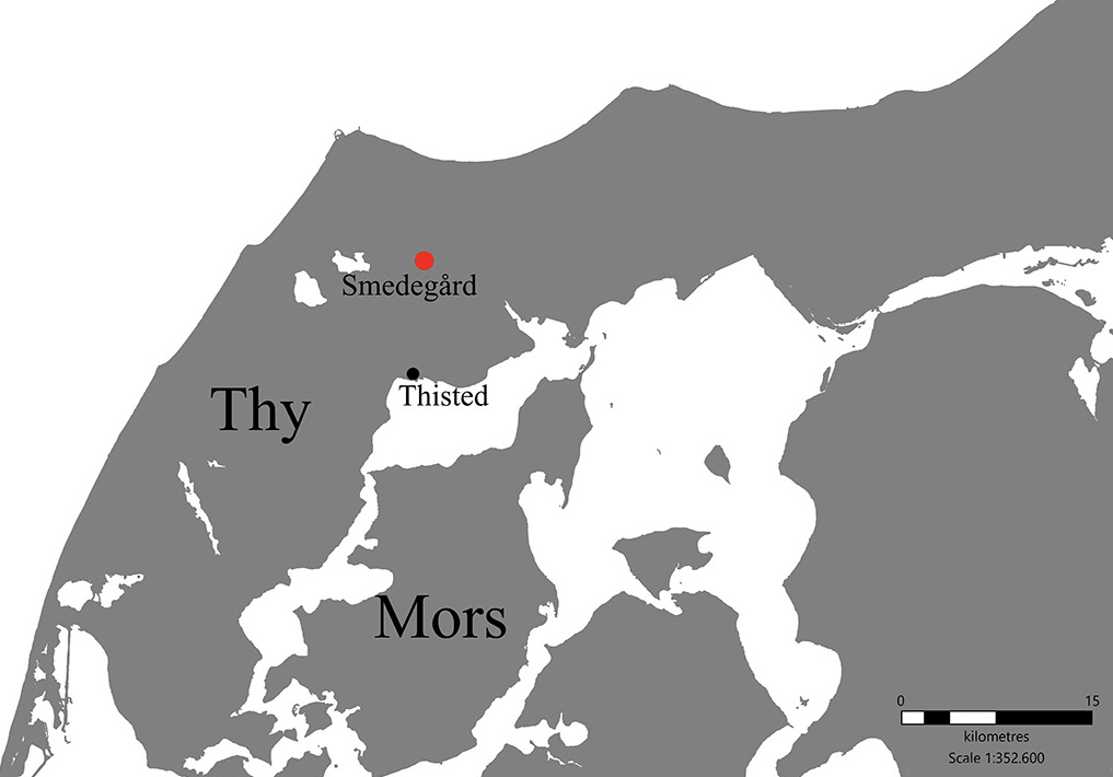 Figur 1.Kort over Thy og Mors, hvor Smedegård er markeret.