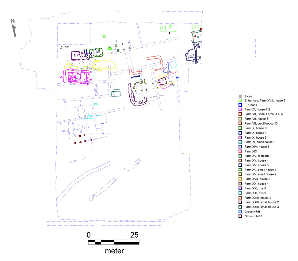 Figur 9. Udgravningsplan med Smedegård 2 med gårdskomplekser B og C. Gård VIII, hus 5 og Gård XIV, hus 3.