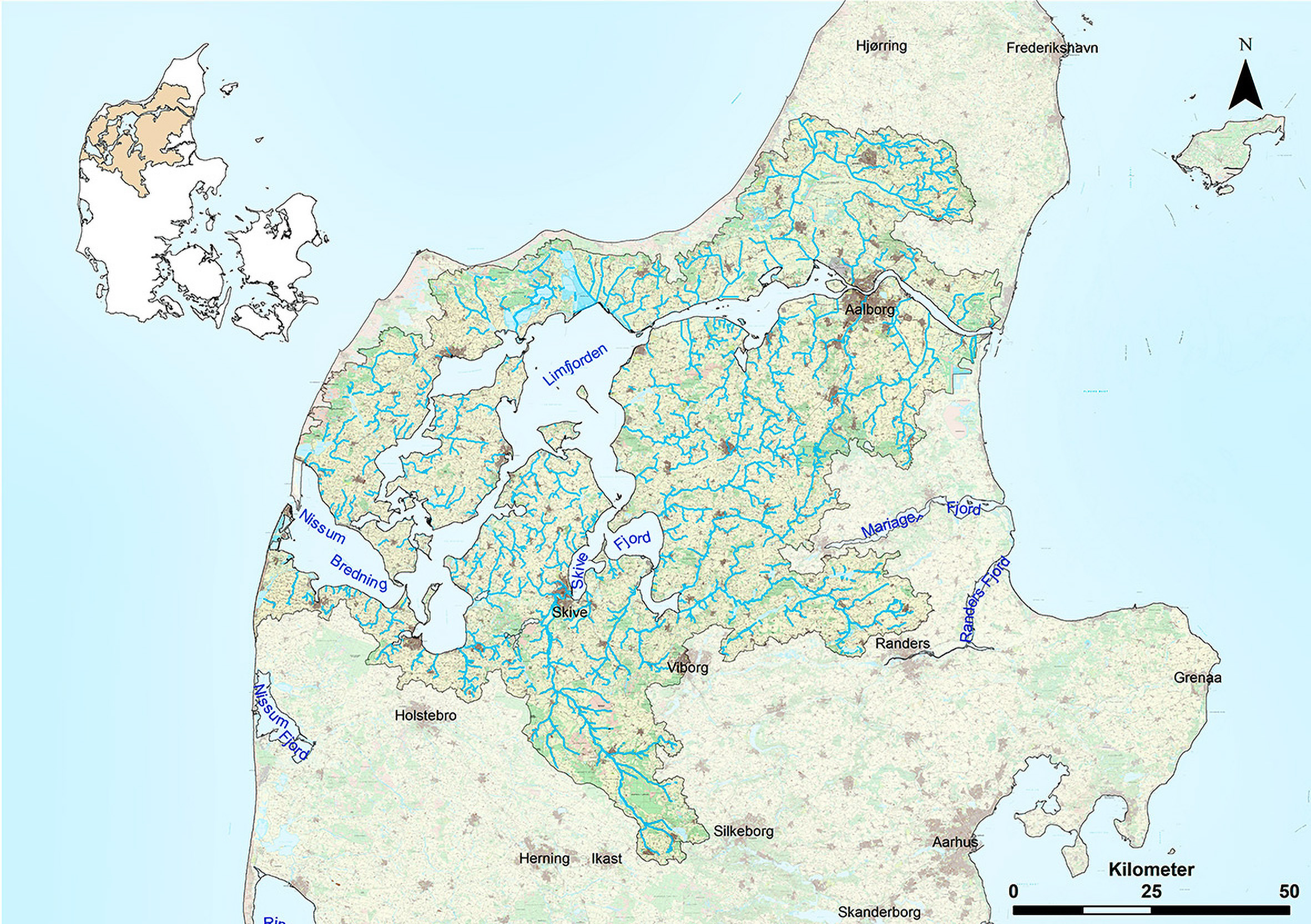 Figur 1. Kort over Limfjordsområdet med de definerende vandløb markeret.