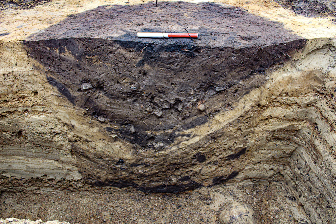Profilfoto med eksempler på profilsnit igennem tagstolpehullerne i hallen.