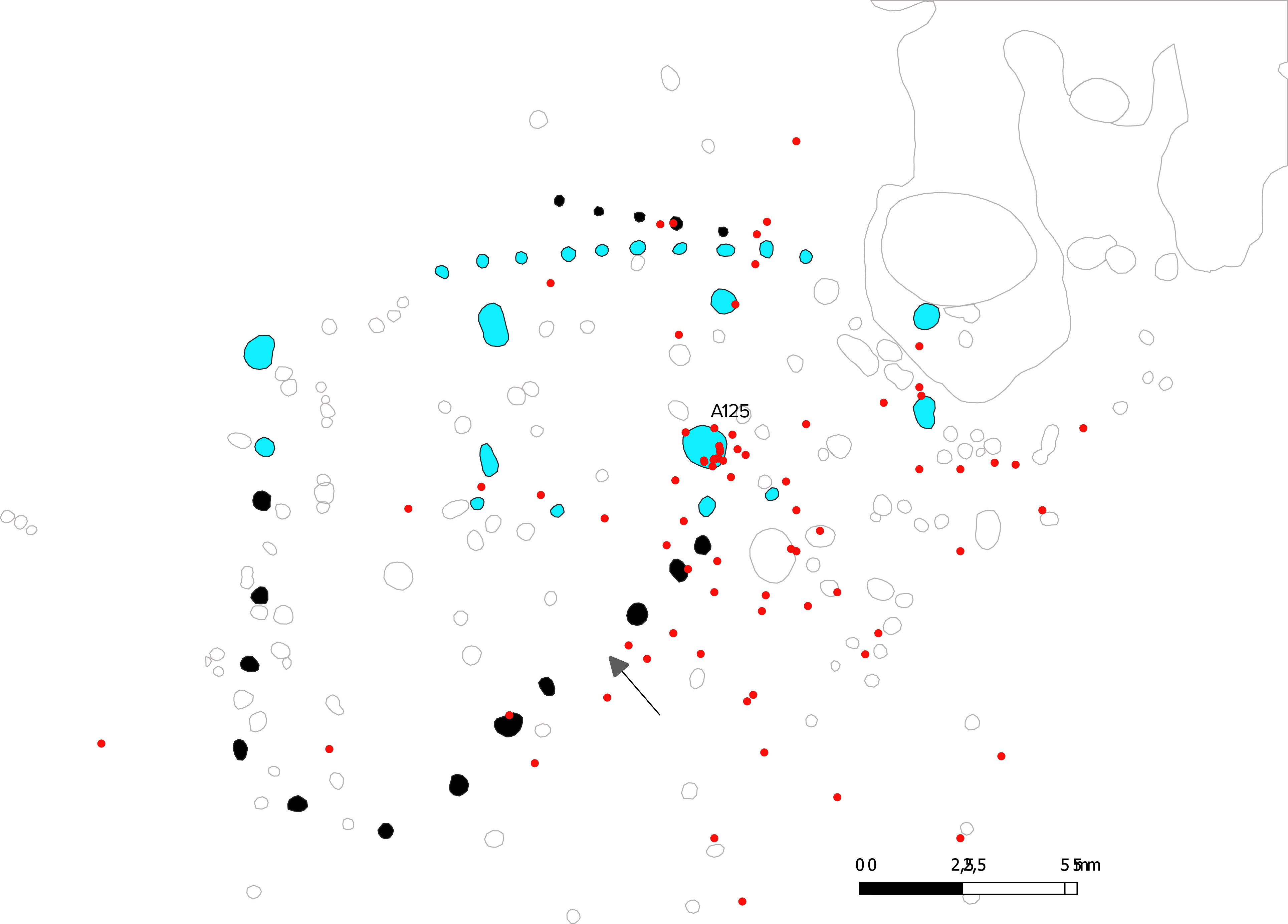 Figur 3: Plantegning med langhus A423, de to hegnsforløb ved bygningen og sølvet fra skat 1.