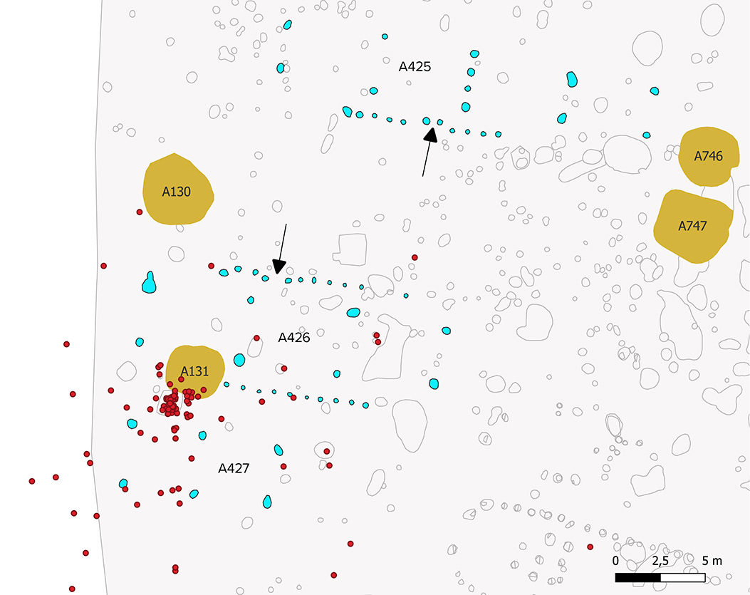 Figur 6: Plantegning med langhusene A425, A426 og A427, grubehuse og sølvet fra skat 2.