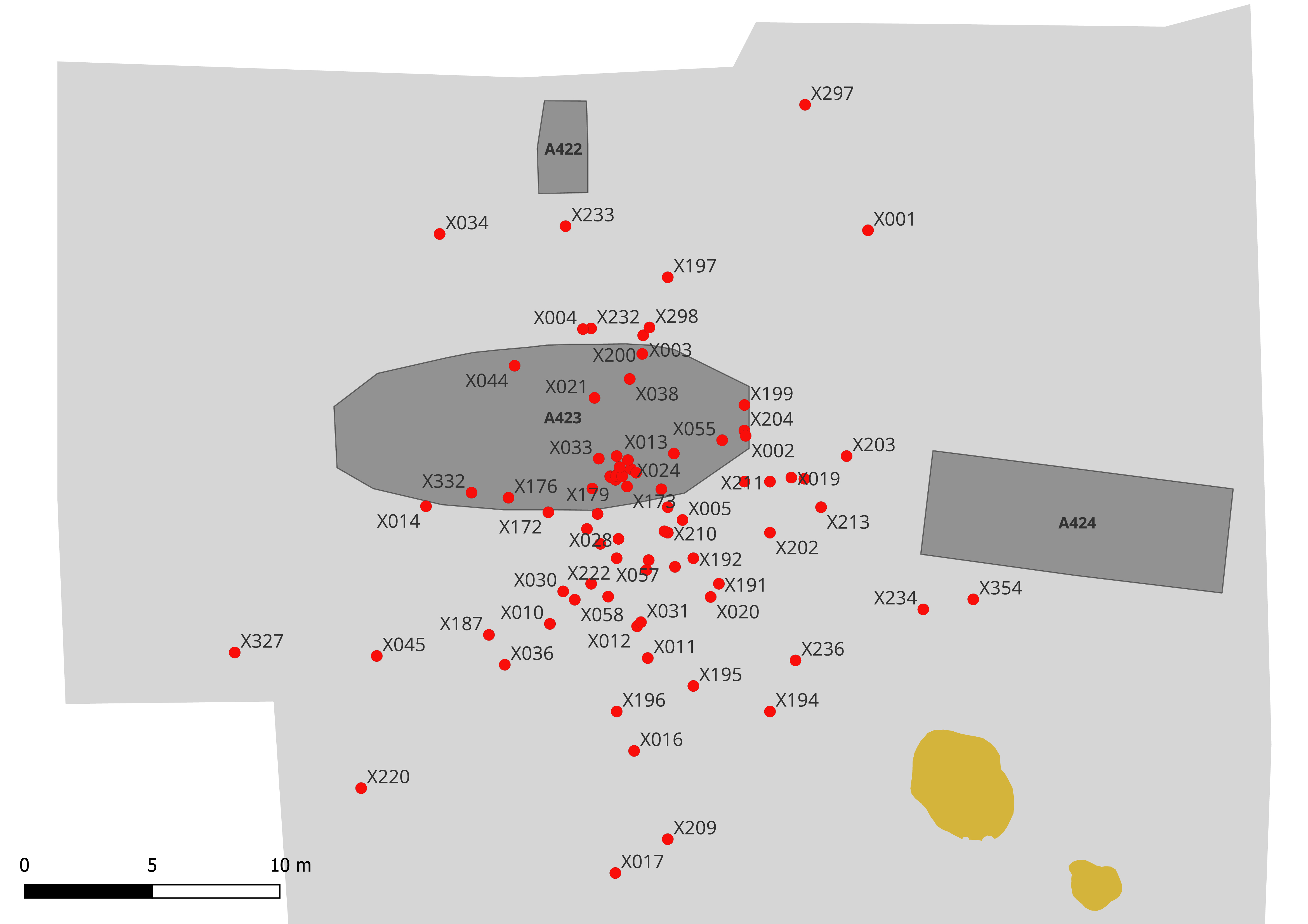 Figur 10: Spredningskort med sølvet fra skat 1 i forhold til langhusene A423 og A424 samt grubehuse og udhus.