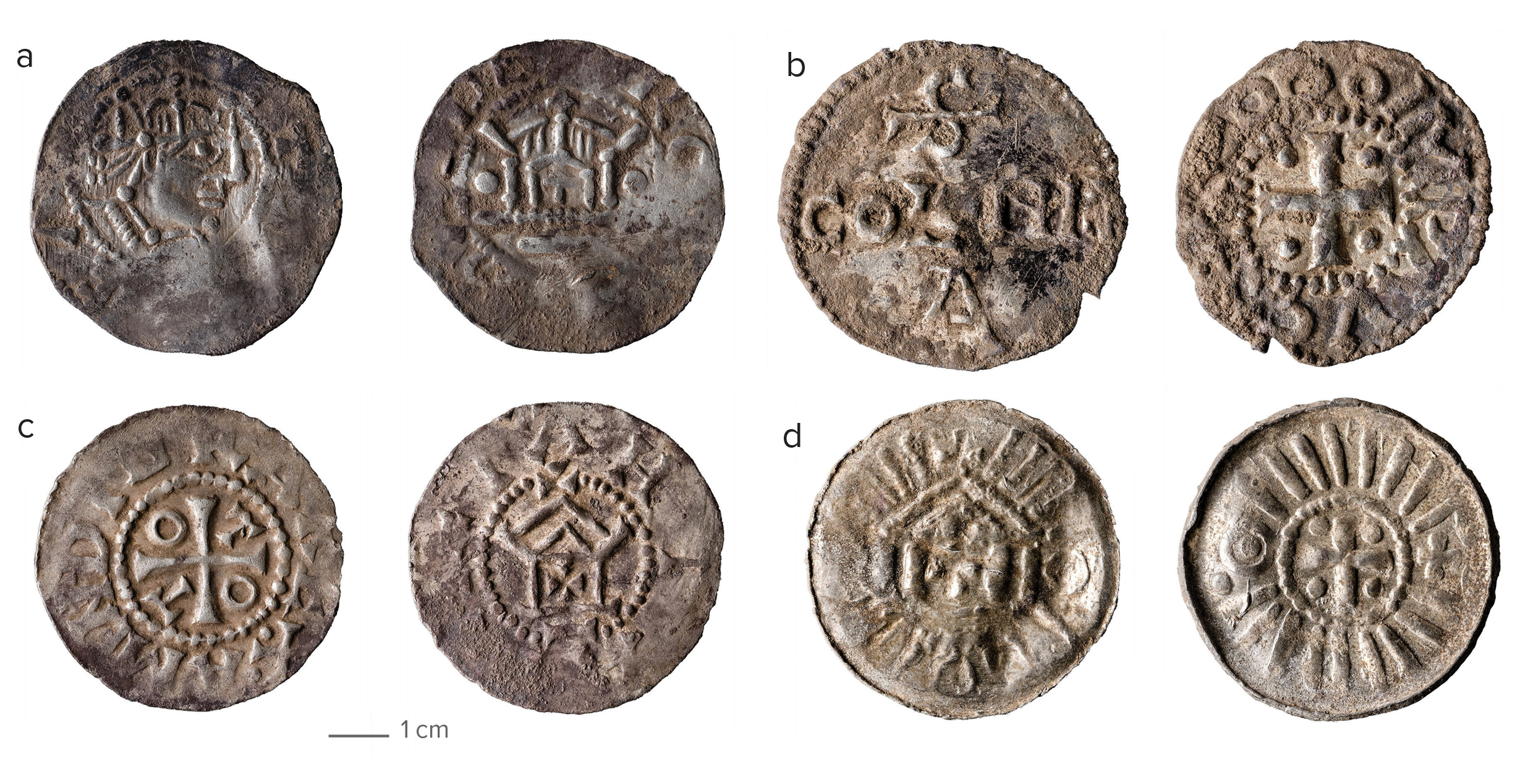 Figur 18: Kontinentale mønter fra Bramslev-skattene. A: Sachsenpfennig. B: Sancta Colonia mønt. C: Otto-Adelheid-Pfennig. D: Mønt præget i Strassbourg.