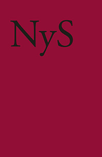 Forside til tidsskriftet Nydanske Sprogstudier. Titlen er et grafisk omslag hvor titlen står med sorte bogstaver på en rød baggrund.