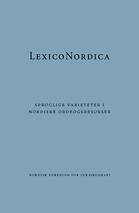 Forside til tidsskriftet LexicoNordica. På forsiden står tidsskriftets titel på blå baggrund samt teksten "sproglige varieteter i nordiske ordbogsresurser".