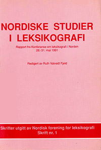 Forside for tidsskriftet Nordiske Studier i Leksikografi. Titlen står med røde bogstaver på en lyserød baggrund.