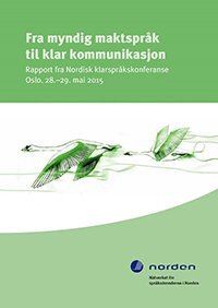 Forside til tidsskriftet Klart Språk i Norden. Titlen står med hvide bogstaver på en grøn baggrund, og i midten af forsiden ses to svaner.