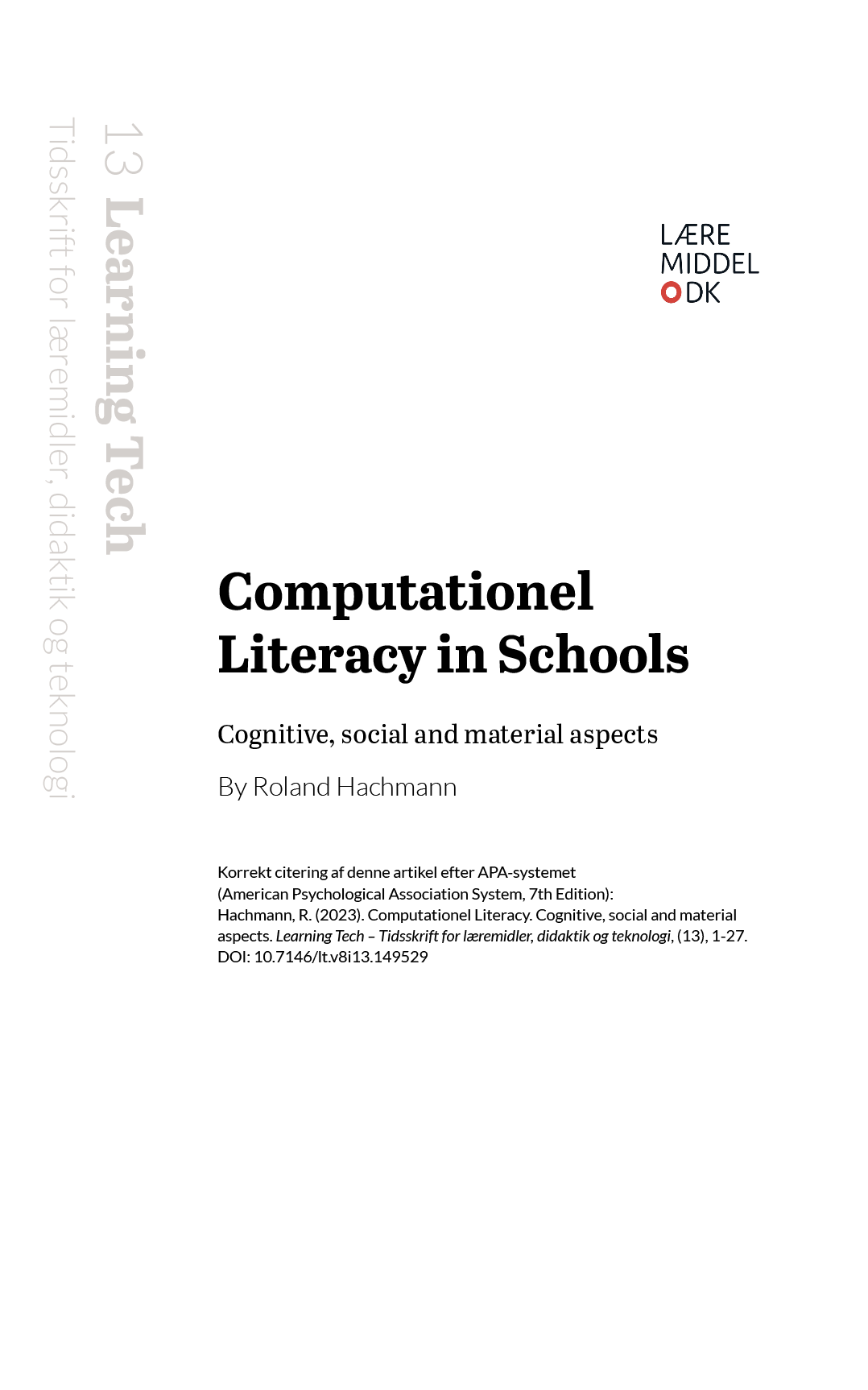 Forside til Learning Tech 13-artikel: Computationel  Literacy in Schools