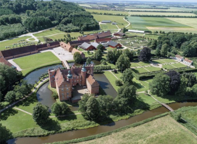 Gammel Estrup set fra luften. I baggrunden øverst til højre ses stadig nogle de gamle hovedgårdsmarker, der i århundreder udgjorde en del af Gammel Estrups godslandskab. Bag skoven øverst til venstre, der historisk set også hørte til herregården, lå flere af Gammel Estrups jorder, der i forbindelse med lensafløsningen blev genstand for forhandlinger om afståelse af jord med henblik på udstykninger til statshusmandsbrug. Foto: Det flyvende kamera.