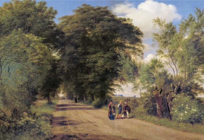 De  to  vel  nok  mest  kendte  landskabsmalere  fra  Den  Dan‑ske  Guldalder  J.Th.  Lundbye  (1818‑48)  og  P.C.  Skovgaard  (1817‑75) malede en mængde landskaber nær danske herre‑gårde. Selve herregårdsanlæggene spiller imidlertid sjældent nogen væsentlig rolle i disse skildringer. Landevej ved herre‑gården Vognserup. Lundbye sidder ved vejkanten og tegner, malet af P.C. Skovgaard i 1849. Statens Museum for Kunst.