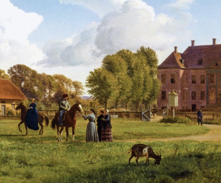 I eftertiden har herregårdsmiljøet på Nysø været kendt for at være uhøjtideligt. Det understøttes af P.C. Skovgaards efter‑årsmaleri af Nysø, hvor der er givet plads til både herskab og hushold. Den usnobbede atmosfære blev imidlertid udfor‑dret i takt med de politiske samfundsomvæltninger. Udsnit af maleriet Nysø på en klar efterårsdag, malet af P.C. Skovgaard (1817‑75) i 1853. Tilhører Thorvaldsens Museum. Foto: Hen‑rik Wichmann