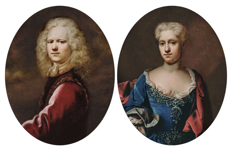 Christen Scheel (1695‑1731) og Augusta Winterfeldt (1697‑1740) flyttede ind på Gammel Estrup straks efter deres bryllup og igangsatte en omfattende modernisering af herregården. Mo‑derniseringen centrerede sig hovedsageligt om bygningens første sal, hvor de indrettede herregårdens repræsentative sale og gemakker. Det var derfor særligt vigtigt for herska‑bet netop i disse rum at iscenesætte sig selv på en måde, der udtrykte, at de hørte hjemme i magtens elite. Portrætterne her findes i den store riddersal og er malet af Balthasar Denner (1685‑1749) i 1719. Gammel Estrup Danmarks Herregårds‑museum. Foto: Roberto Fortuna.