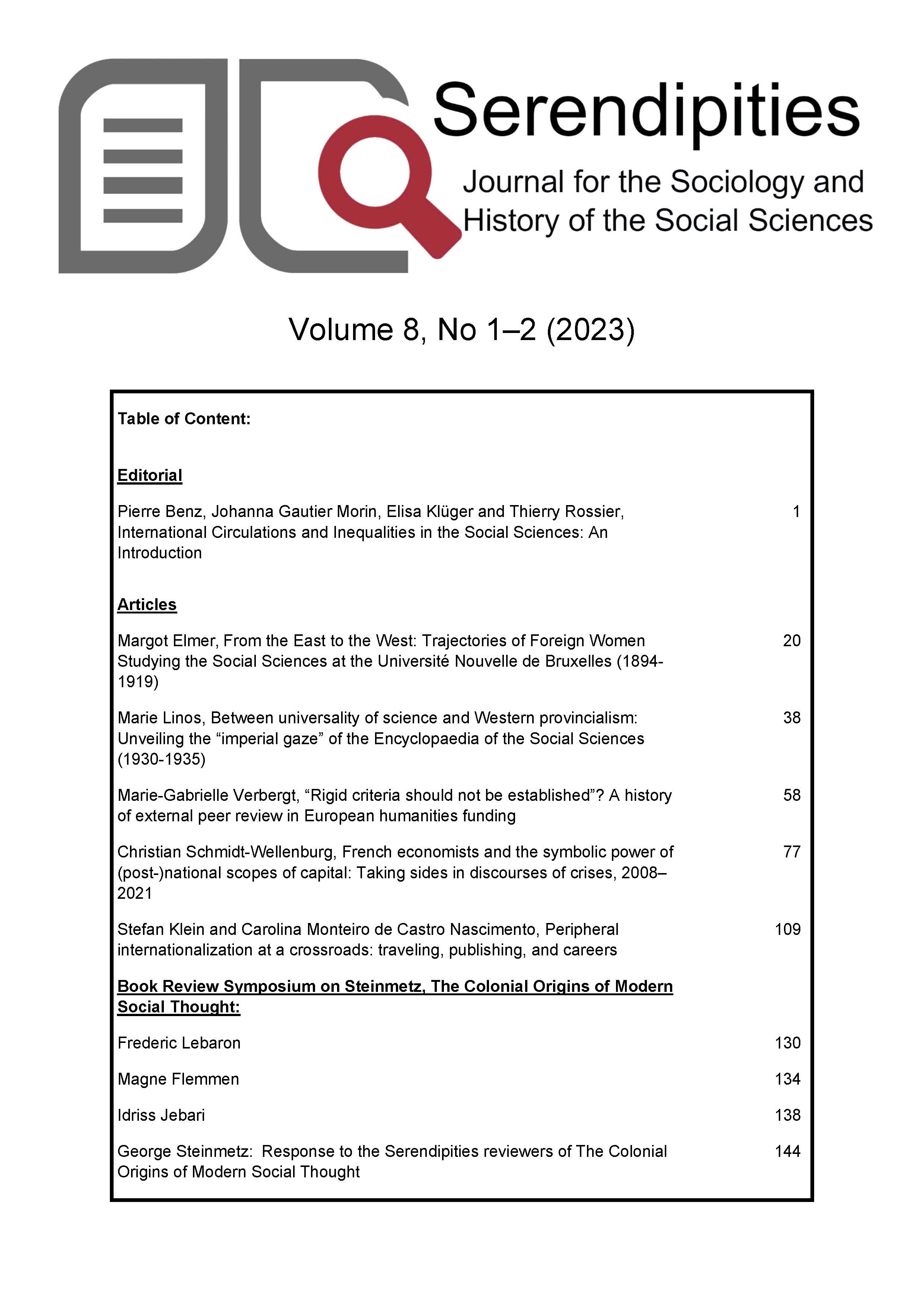 					View Vol. 8 No. 1-2 (2023): Serendipities. Journal for the Sociology and History of the Social Sciences
				