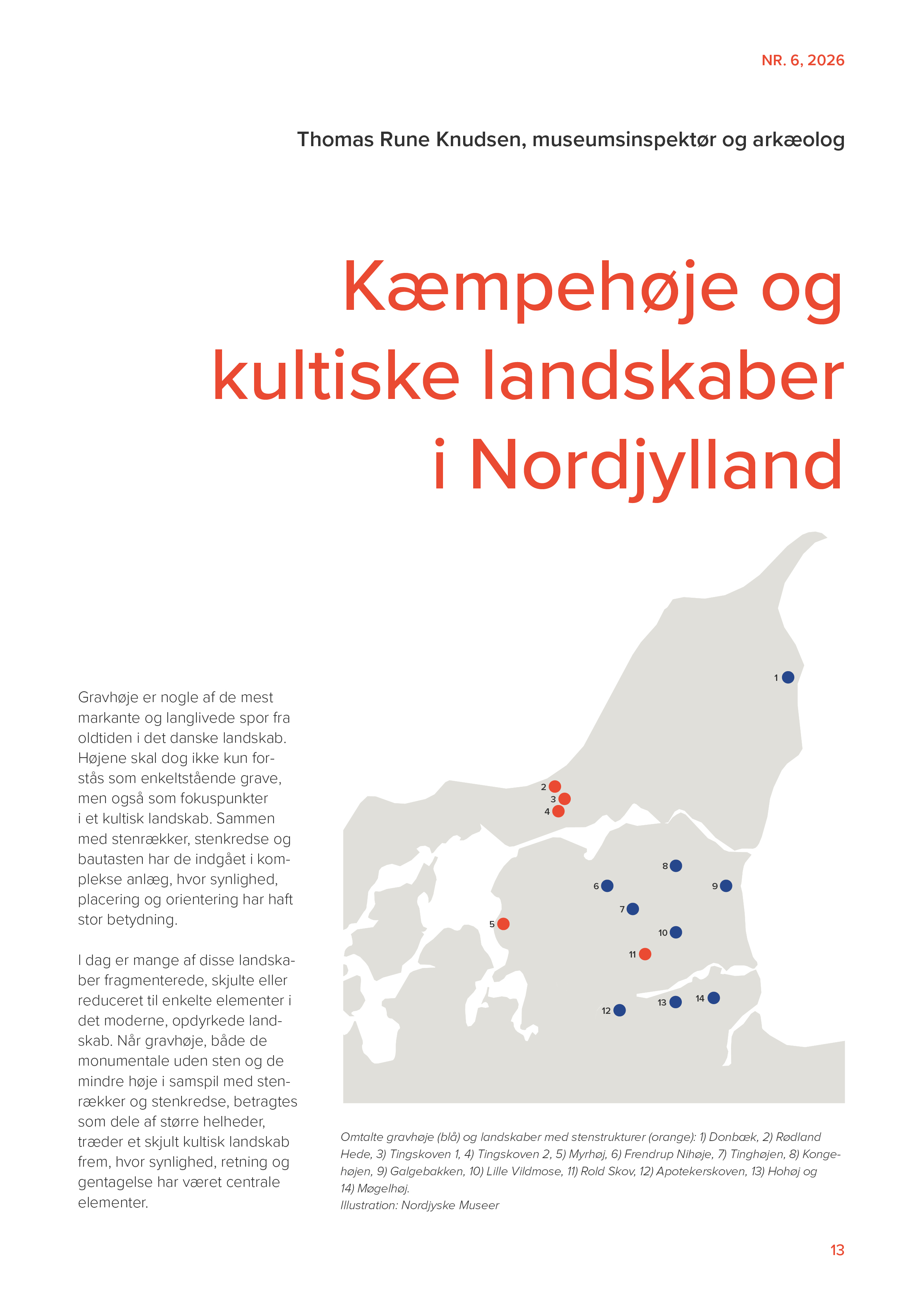 Artikelforside til "Kæmpehøje og kultiske landskaber i Nordjylland" af Thomas Rune Knudsen. Til højre et kort over Nordjylland med 14 nummererede lokaliteter markeret: gravhøje i blåt og landskaber med stenstrukturer i orange, blandt andet Donbæk, Rødland Hede, Tingskoven og Hohøj. Illustration: Nordjyske Museer.