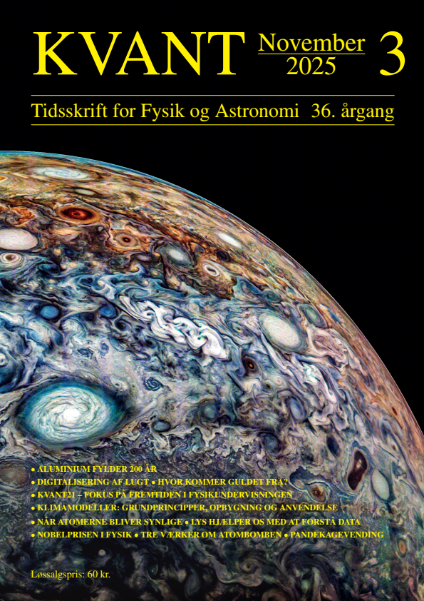 Forsidebilledet er en farveforstærket optagelse af Jupiter den 12. maj 2024 med rumsonden Juno. Billedet viser kaotiske skyer og cykloniske storme i planetens nordlige “foldede filamentregion”.P˚a optagelsestidspunktet befandt Juno sig ca. 29.000 km over skytoppene ved 68 grader nordlig bredde. Skabt af Gary Eason ud fra r˚adata fra JunoCam.