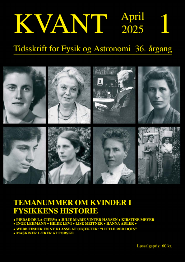 mange artikler udspringer af en konference afholdt i november 2024 af Kvinder i Fysik i samarbejde med Niels Bohr Arkivet. På forsidebilledet ses i øverste række fra venstre Piedad de la Cierva, Julie Marie Vinter Hansen, Kirstine Meyer og Inge Lehmann. Nederst ses fra venstre Hilde Levi, Lise Meitner, Hanna Adler og Piedad de la Cierva sammen med Hilde Levi.