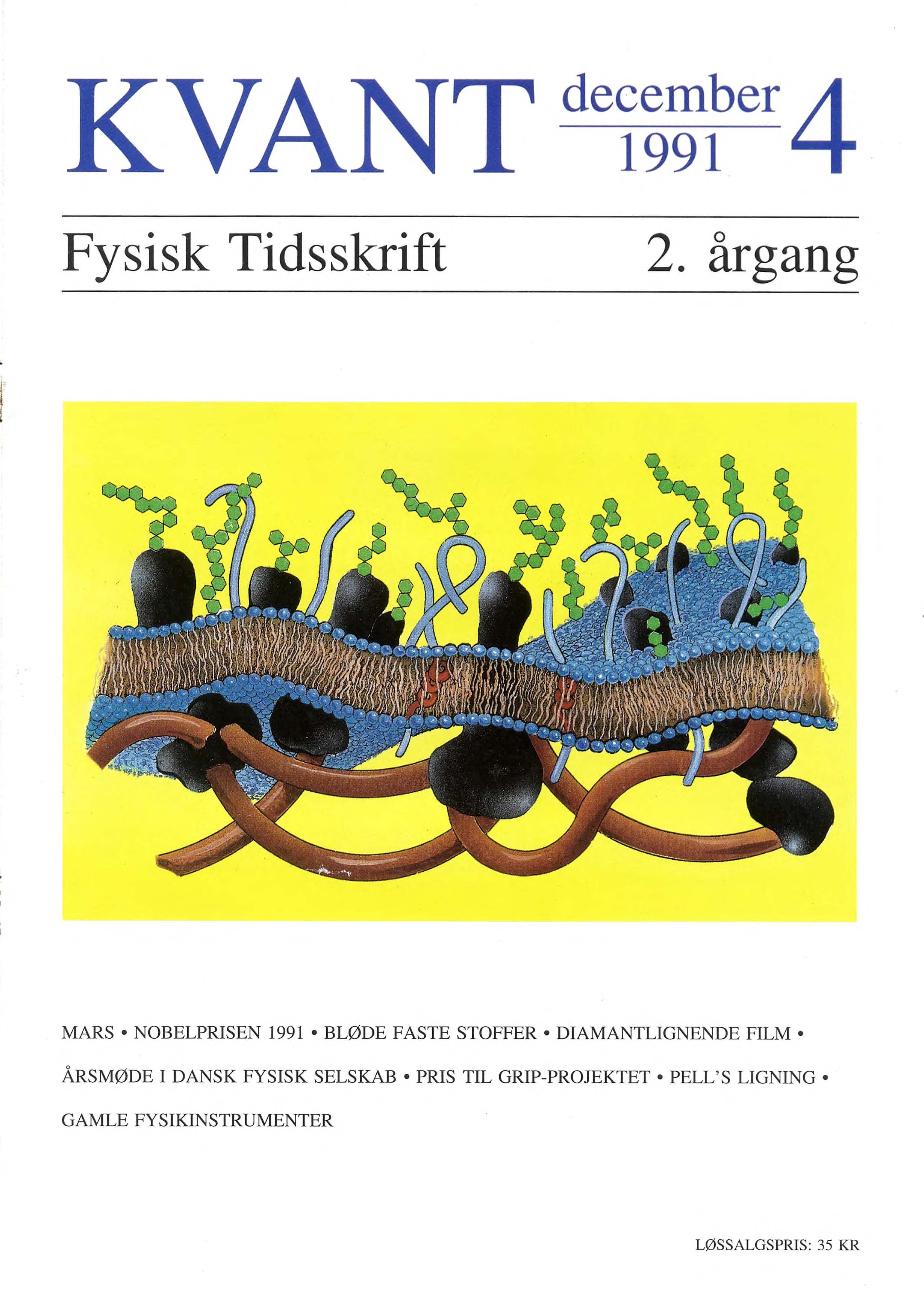 Forsiden: Som omtalt i artiklen om ‘ ‘bløde faste stoffer’ ’ beskæftiger fysikere sig nu med så komplicerede ting som en biologisk membran. Billedet viser en af naturens foretrukne strukturerede væske, den biologiske membran, som er et eksempel på et blødt fast stof. Man ser, at membranen er et kompositmateriale bestående af en vandig opløsning af et lipiddobbeltlag, et celleskelet (på membranens inderside) og en skov af kulhydrater (på membranens yderside). I lipidmembranen, som er en todimensional væske, flyder bla. proteiner og polypeptider rundt.