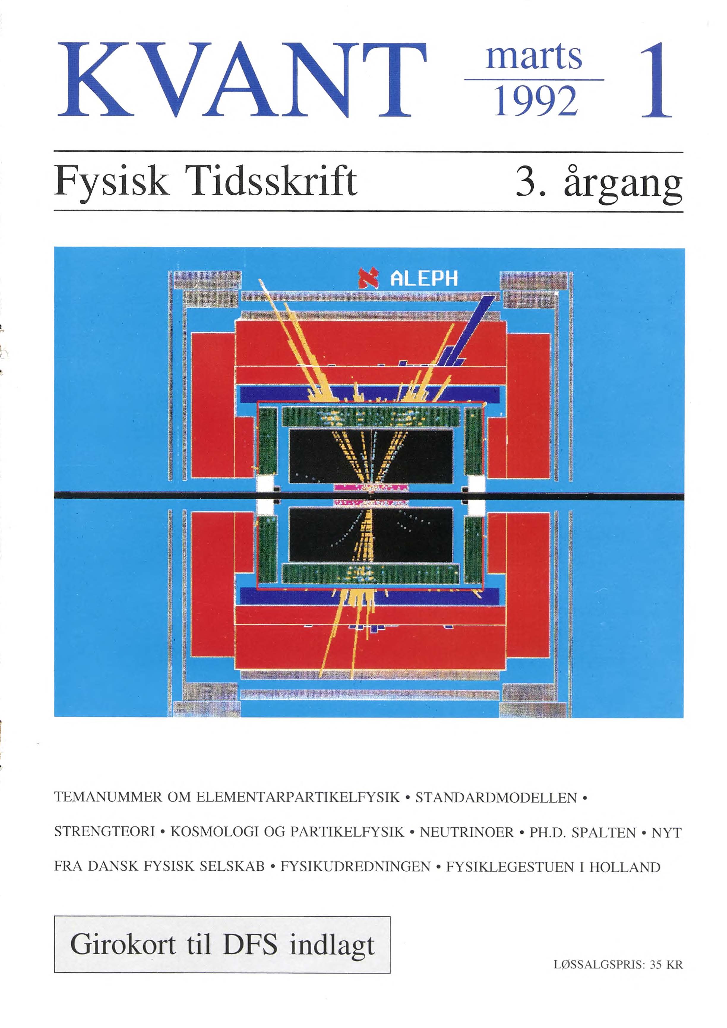 Figuren viser et Z° henfald til et kvark par og en gluon, som hver omdannes til pi-mesoner, observeret af ALEPH detektoren på CERN. Den sorte vandrette streg viser beam-røret hvor elektronerne og positroneme bevæger sig i modsat retning og bringes til at støde sammen i midten af billedet.