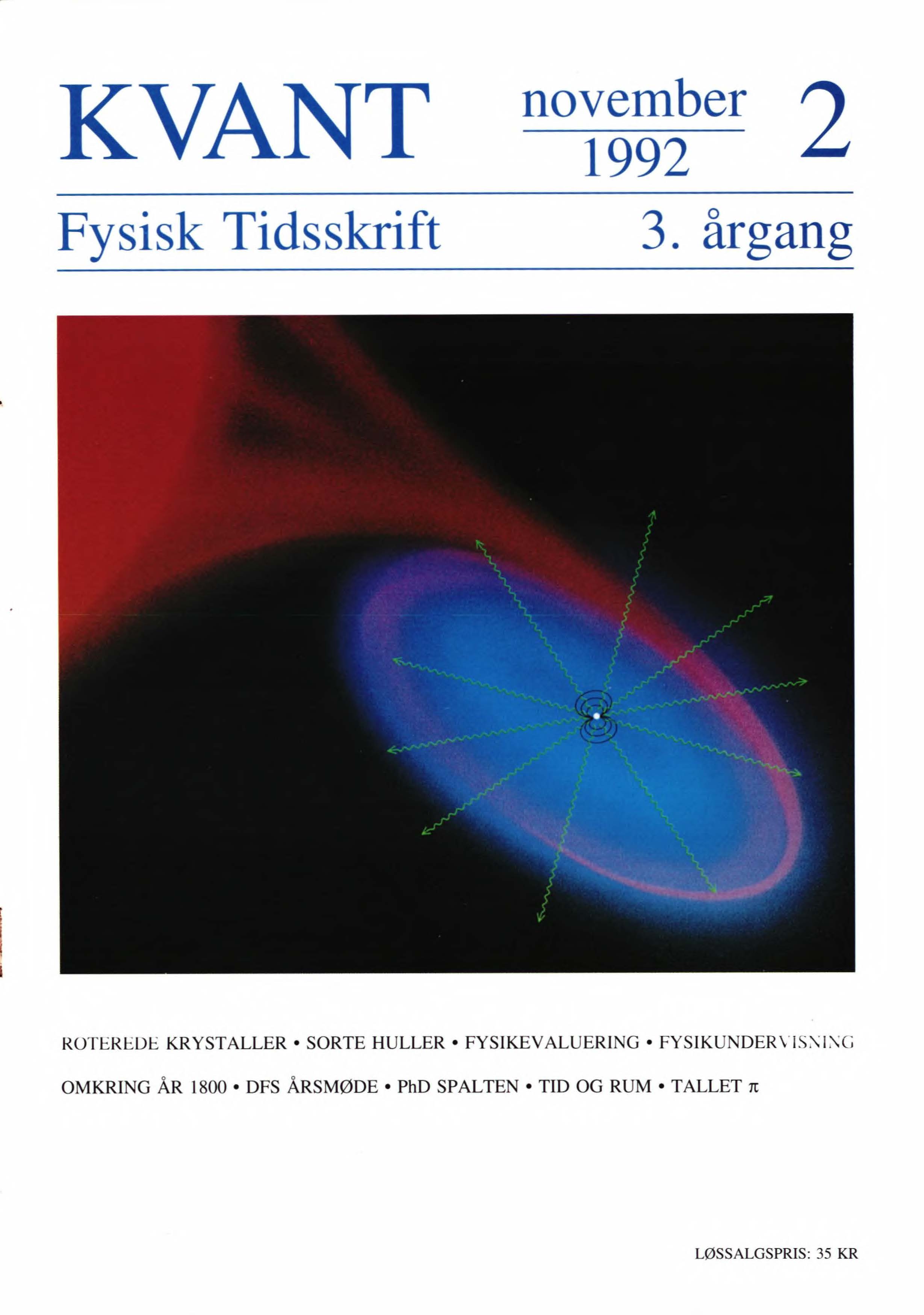 Billedet viser et tæt bundet dobbeltstjernesystem indeholdende et sort hul og en normal kæmpestjerne. Gassen fra yderlaget af stjernen indfanges og danner en skive omkring det sorte hul. Det opvarmes ved gnidning til så høje temperaturer, at det kan udsende røntgenstråling. Den første artikel i bladet beskæftiger sig med disse fantastiske objekter.