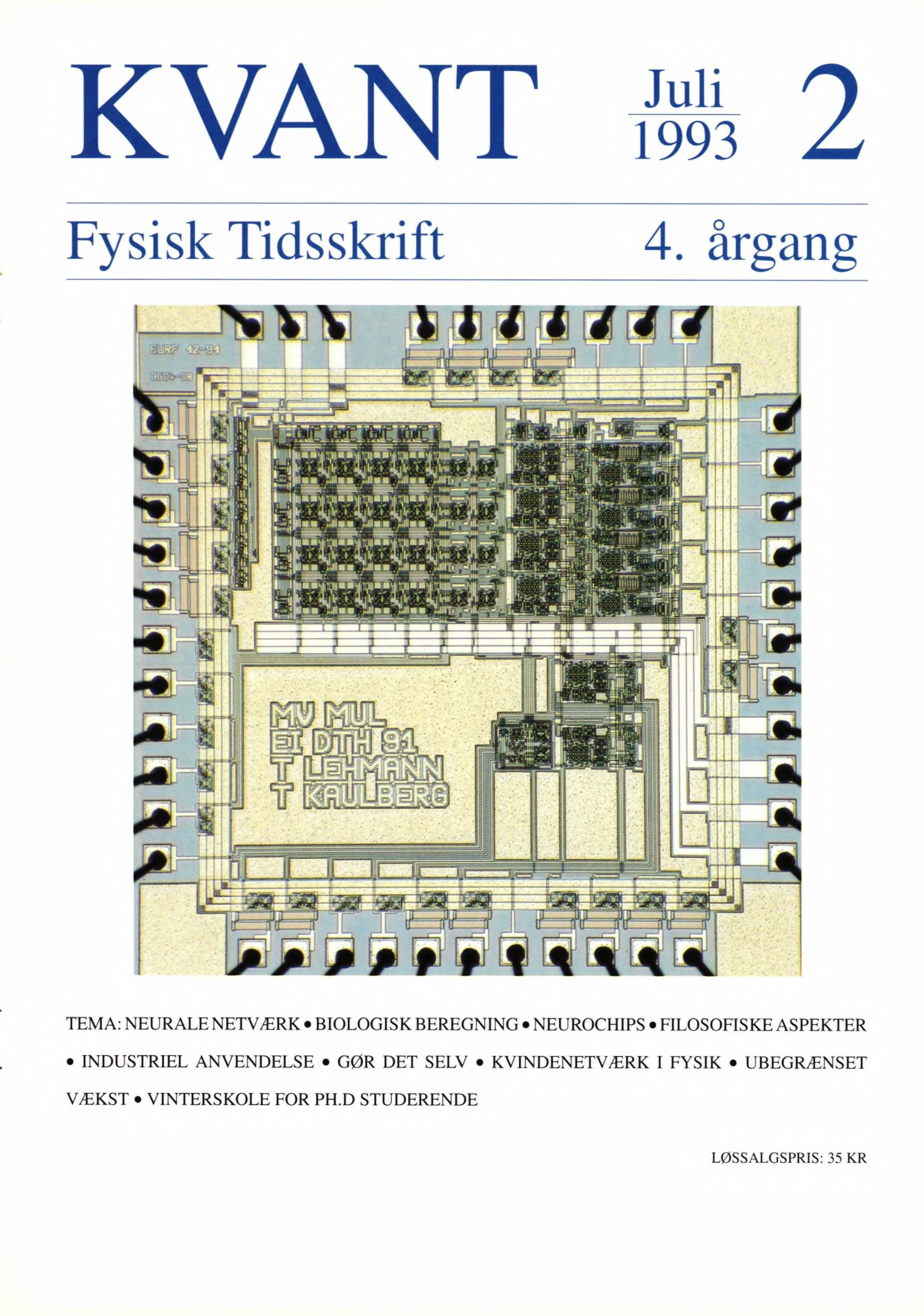 Den første danske synapsechip. I øverste venstre del ses en matrix med 4 x 4 multiplikatorer, allerøverst og alleryderst til venstre er der række - og søjledekodere til adressering af de synaptiske vægtlagringselementer. I øverste højre del findes en søjle af 4 forstærkere, der indgår i multiplikatorkredsløbet, samt, alleryderst, 4 transkonduktansforstærkere, der omformer udgangsspændingerne til strømme. Der er 208 gm mellem ledningstilslutningerne. Det er væsentligt at kun multiplikatormatricen vokser med kvadratat på systemstørrelsen. Alle andre kredsløb vokser lineært.