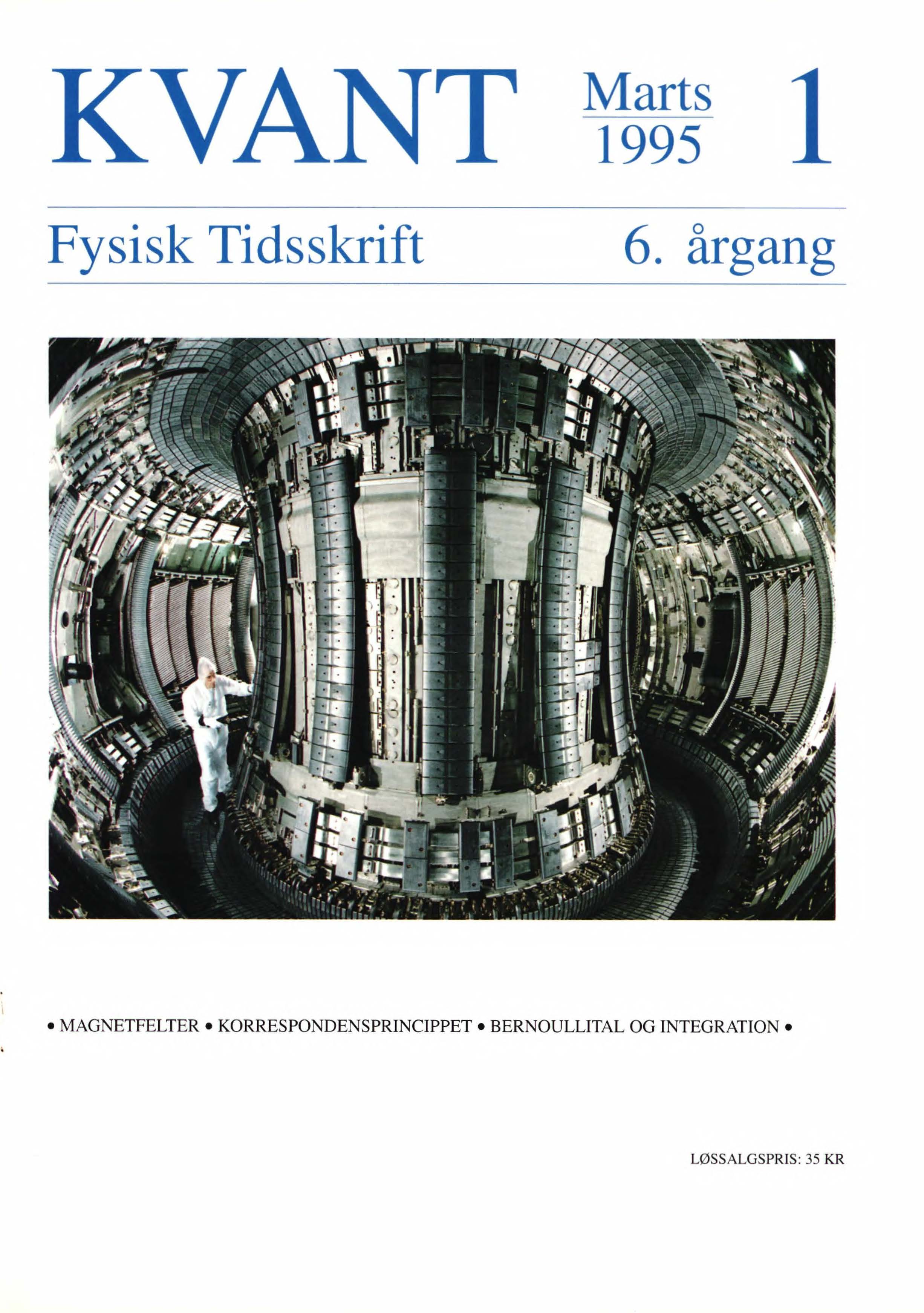 JET - Joint European Torus. Her ses det indre af kammeret hvor plasmaet holdes indespærret ved hjælp af magnetfelter i den såkaldte tokamak - konfiguration. De lange strukturer på midtersøjlen og de vandret finnede strukturer i ydervæggen er såkaldte Timiters’ der forhindrer plasmaet i at nå, og blive ødelagt af væggene. De skråt finnede strukturer er VHFantenner til opvarmning af plasmaet. Når teknikeren har forladt kammeret og forsøget er igang, er temperaturen 100 mili. grader, plasmatætheden 102" m-3, partikeltrykket cirka en atmosfære og det magnetiske tryk 10 atm.