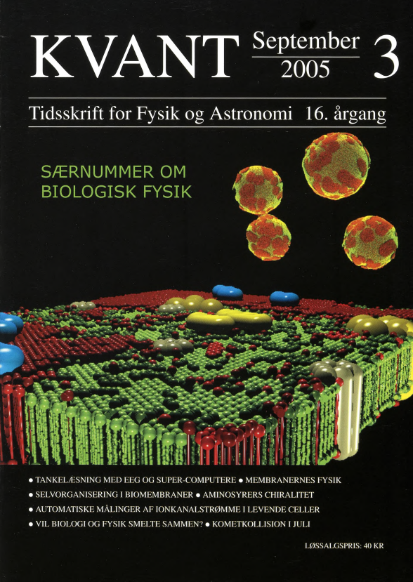 Forsiden viser: Øverst til højre ses fire lipidvesikler (lukkede fedtmembraner) ved smelteovergangen - optaget med konfokalmikroskopi. Røde regioner angiver ordnede domæner, mens grønne regioner er uordnede domæner. Det store billede nederst viser en skematisk fremstilling af en biologisk membran indeholdende forskellige lipiddomæner (ordnede og uordnede) og tilhørende membranproteiner. Her er blå, hvide og gule proteiner ikke lokaliserede i de samme domæner og sandsynligheden for at de vekselvirker er derfor reduceret.