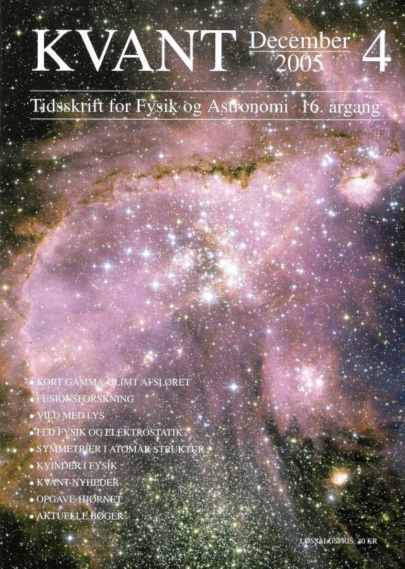 Forsiden viser: et stjernedannende område i Den Lille Magellanske Sky - en satellitgalakse, der befinder sig ca. 210.000 lysår fra Mælkevejen. På billedet, der er optaget med Hubble Rumteleskopet, ses stjernehoben NGC 346 (nær centrum) og en dramatisk 'skulptur’ af gas og støv udenom, formet af strålingen fra de unge massive og lysstærke blåhvide kæmpestjerner i NGC 346. Der findes flere mindre, kompakte, stjernehobe i dette område og der er observeret et antal meget unge stjerner, som endnu ikke er færdige med at trække sig sammen til det punkt, hvor de er varme nok indeni til at omdanne brint til helium ved fusion.