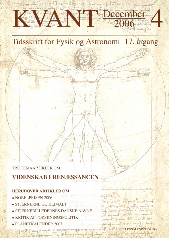 Tegningen på forsiden viser Leonardo da Vincis studie af menneskekroppen - indrammet af et kvadrat og en cirkel. Orden og harmoni var centrale begreber i den italienske renæssance, hvor man både anvendte det gyldne snit og cirklen i kunst og arkitektur. Se artiklen “Cirklens fuldkommenhed - Renæssancens arkitekturideal”, side 17. Leonardo forsøgte også at anvende det gyldne snit til at forstå menneskekroppens proportioner (afstande mellem leddene).