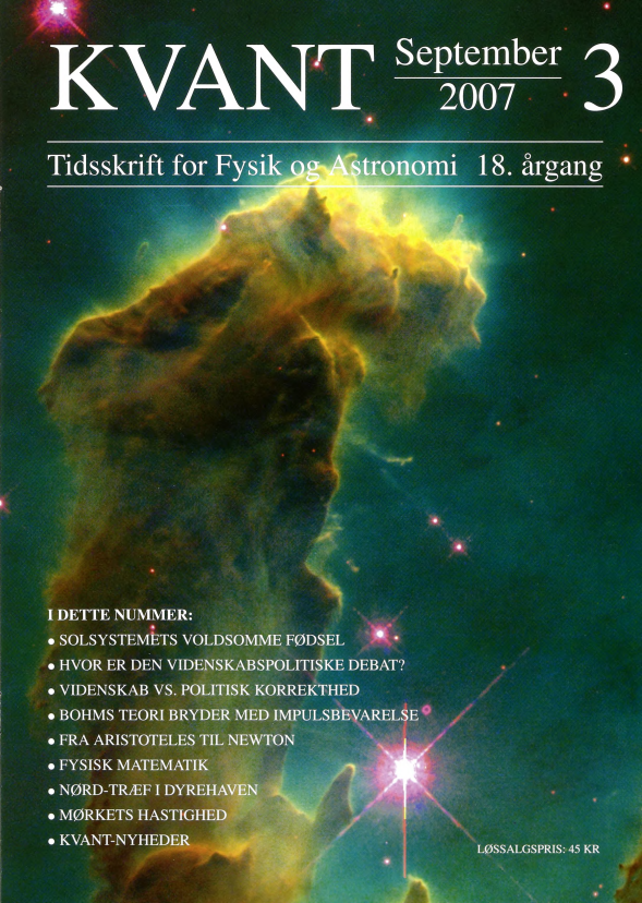 Billedet på forsiden viser de centrale dele af Ørnetågen eller Ml6, der er ca. 7000 lysår fra Jorden. Ørnetågen er en gassky med “søjler” af kold gas og støv, hvor der dannes stjerner og måske også planeter. Øverst til venstre og nederst i midten ses massive stjerner (røde) som blæser gassen væk, mens der dannes stjerner i spidsen af de små “fingre”, der stikker frem bl.a. i toppen. Denne stjernetåge er et godt eksempel på det voldsomme miljø stjerner som Solen kan dannes i. Læs artiklen om Solens voldsomme fødsel side 24. Billede: Hubble Rumteleskopet (ESA/NASA).