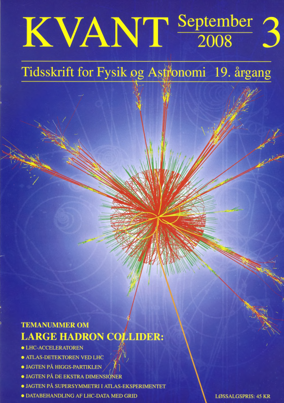 Billedet på forsiden viser en simulering af en begivenhed registreret med ATLAS-detektoren, hvor et mikroskopisk sort hul dannes i en kollision mellem to protoner. I baggrunden kan man ane et boblekammerbillede, som tidligere blev anvendt hyppigt til at analysere partikelkollisioner (begge billeder fra CERN).