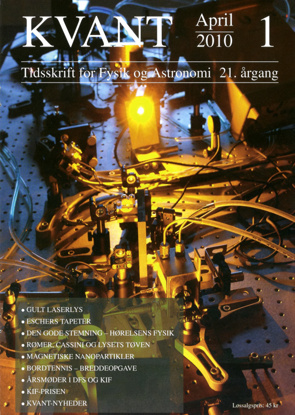 Billedet på forsiden viser gult laserlys i en laboratorieopstilling. I år er det 50- året for den første laser. I artiklen inde i bladet beskrives de forskellige typer gule lasere og eksempler på deres brug.
