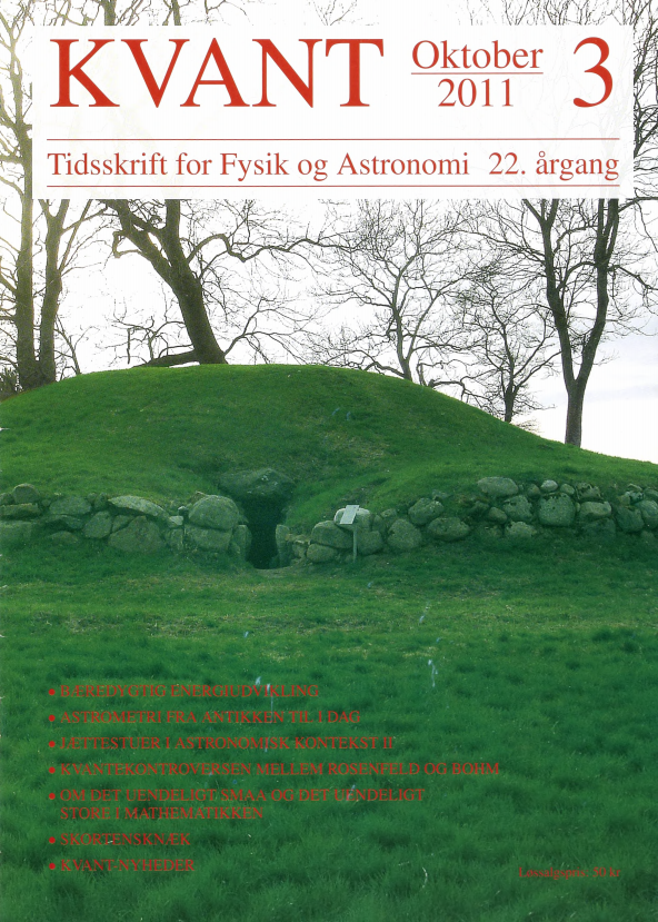 Billedet på forsiden viser ‘‘Øm jættestue” på Sjælland, tæt på Lejre. Det er en jættestue med en gangretning der er målt til 100 grader regnet fra geografisk nord med urets retning. Denne jættestue hører til en gruppe jættestuer med retningen “skæv øst” i gradintervallet 85 grader til 110 grader. Omkring en tredjedel (1/3) af de målte jættestuer peger i denne retning. Den astronomiske tolkning er, at den peger mod opgangen af den første forårsfuldmåne. Samme fuldmåne bliver efterfulgt af en måneformørkelse med 1, 8, 9 eller 10 års mellemrum. Læs artiklen af Claus Clausen inde i bladet.