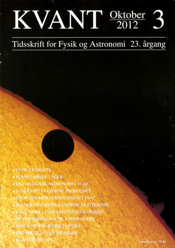 Billedet på forsiden er taget af Mikael Svalgaard under Venus-passagen den 6. juni 2012 kl. 6:37 lokal tid, fra vandkanten ved Charlottenlund Fort, hvor Københavns Astronomiske Forening afholdte et offentligt arrangement under perfekte vejrforhold. Solens højde var kun 14 grader over horisonten, så det hjalp på lufturoen at kigge ud over Øresunds rolige vand. Rundt omkring kikkerterne stod 500-600 morgenfriske og meget glade mennesker. Stemningen var festivalagtig - nærmest som under en total solformørkelse. Tekniske detaljer: 150mm f/6 refraktor med 4x tele-ekstender og hydrogenalpha filter. Det endelige resultat er fremkommet ved at stacke de 50 skarpeste billeder fra en filmsekvens bestående af i alt 700 enkeltbilleder.