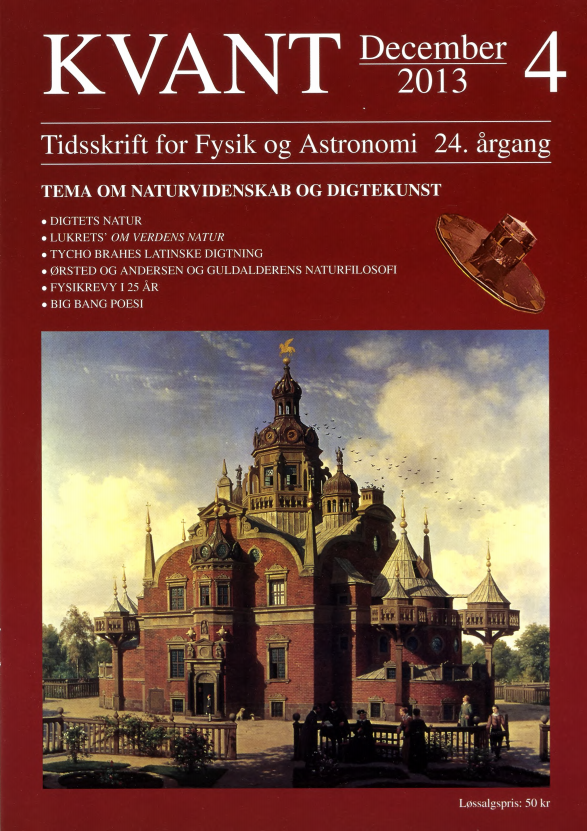 Billedet på forsiden viser Tycho Brahes slot og observatorium Uraniborg malet af Heinrich Hansen i 1882. Hovedtemaet for dette nummer er Naturvidenskab og digtekunst med bl.a. en artikel om Tycho Brahes digtekunst. Øverst til højre ses Gaia-satellitten, der opsendes lige før jul og som vil give vor tids ypperste astrometriske målinger, i stil med det Tycho Brahe opnåede på Hven for godt 400 år siden. Maleri: Det Nationalhistoriske Museum på Frederiksborg Slot.