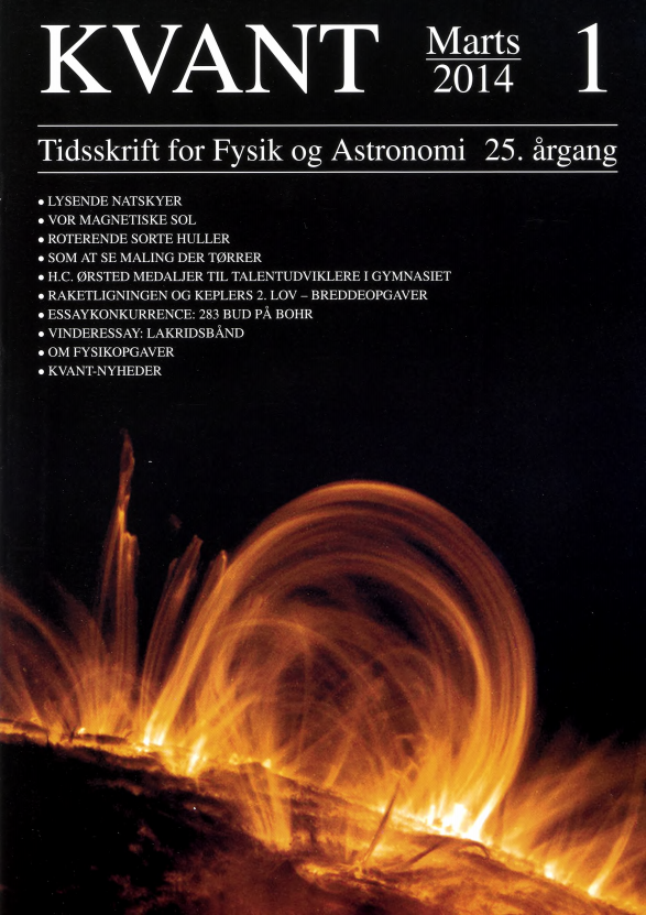 Billedet på forsiden viser en optagelse (i ekstrem ultraviolet) med solsatellitten TRACE, der viser magnetfelter der rækker langt ud fra Solens overflade. Magnetfelterne bidrager til at opvarme koronaen. I artiklen om “Vor magnetiske sol” , af Søren Bertil Fabricius Dorch og Sven Ove Thimm, beskriver hvordan Solens aktivitet hænger sammen med Solens magnetfelt og hvordan de store variationer vi ser i denne aktivitet opstår.