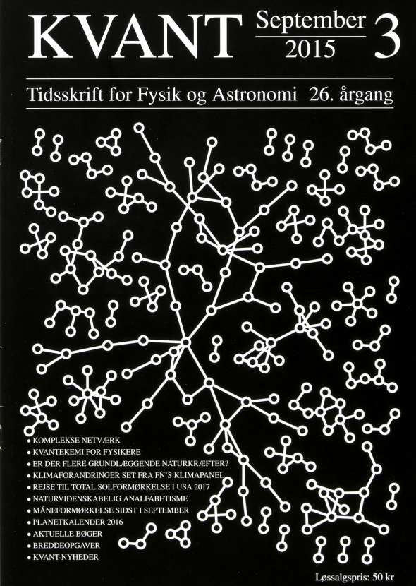 Billedet på forsiden viser et socialt netværk af indbyrdes telefonopkald blandt ca. 300 DTU-studerende. Dataene er indsamlet som en del af The C o p e n h a g e n N e tw o r k s S tu d y , som er beskrevet i artiklen “Komplekse netværk”.