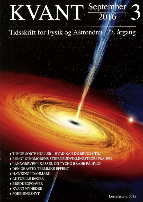 Billedet på forsiden viser en tegning af tilvækstsskiven af gas omkring det stellare sorte hul i dobbeltstjernesystemet Cygnus-Xl. Hullet har stjålet gassen fra dens ledsagende stjerne. For alle sorte huller gælder, at gas på vej ind i det sorte hul lægger sig i en skive omkring hullet. I skiven bremses gassen når den støder ind i sig selv (ved viskøse processer), hvilket tillader gassen at bevæge sig mod, og til sidst falde ind på, det sorte hul. Gassens potentielle energi omdannes til varme og højenergistråling (specielt i røntgenområdet for stellare sorte huller). Dette gør det sorte hul nemt at finde, selv i store afstande fra Jorden. Læs artiklen inde i bladet af Marianne Vestergaard, om de tunge sorte huller, som findes i centrum af galakser.