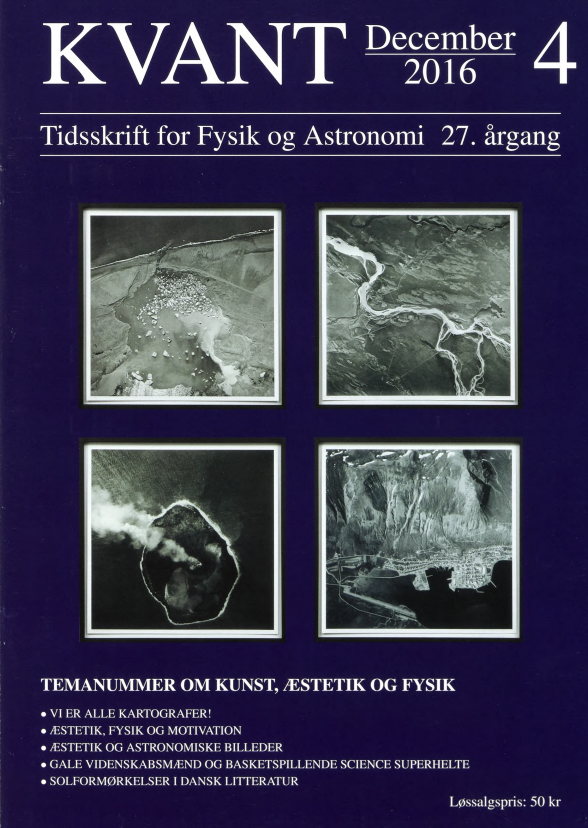 Billedet på forsiden viser et udvalg af den islandsk-danske kunstner Olafur Eliassons kunstværk Cartographic series III (2004), der består af 30 fotogravurer, baseret på luftfotografier af Island. I artiklen “Vi er alle kartografer!” er Olafur Eliasson i samtale med astrofysikeren Aurélien Barrau om, hvordan vi forstår verden og hvordan vi kan nå frem til nye indsigter ved at åbne vores sanser. De øvrige artikler i dette nummer bevæger sig også i grænselandet mellem kunst og videnskab.
