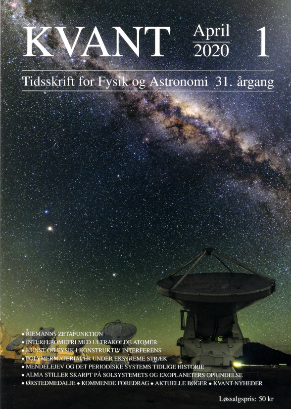 Billedet på forsiden viser flere af ALMA-antennerne i Chile og de centrale dele af Mælkevejen ovenover. Nederst til venstre ses Mars, mens Saturn er lidt højere på himlen mod midten af billedet. Læs Jes Jørgensens artikel side 12 om ALMA, der stiller skarpt på solsystemets og exoplaneters oprindelse.