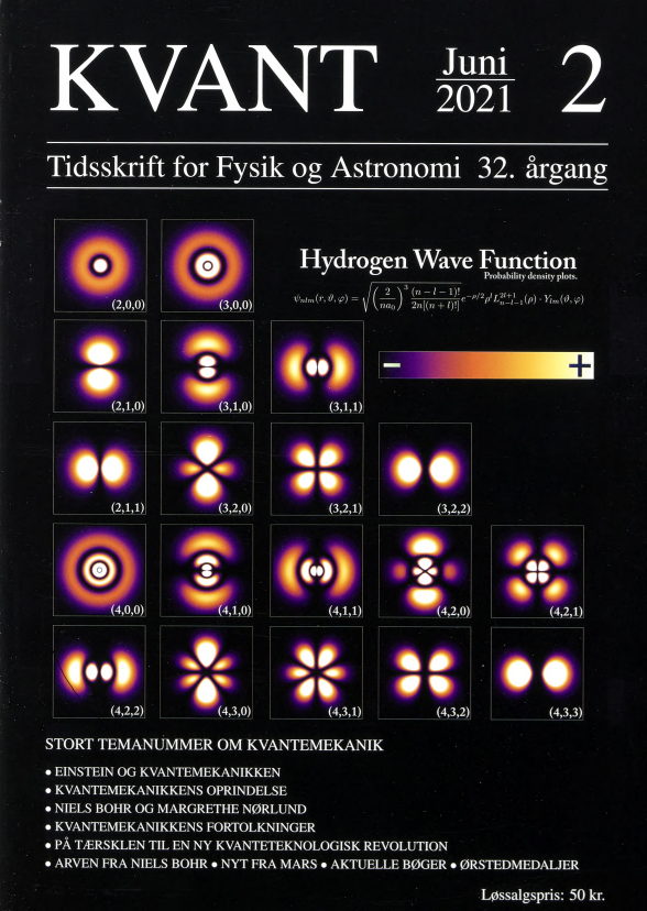 Billedet på forsiden viser sandsynlighedstætheden for elektronen i et brintatom for hovedkvantetallet n op til 4, dvs. ved forskellige energiniveauer. Kvantemekanik kan ikke forudsige den nøjagtige placering af en partikel i rummet, kun sandsynligheden for at finde den på forskellige steder i rummet. Grafik: Wikimedia Commons. Dette nummer af Kvant er et temanummer om kvantemekanik, som er udgivet for at markere 100-året for indvielsen af Niels Bohr Institutet.