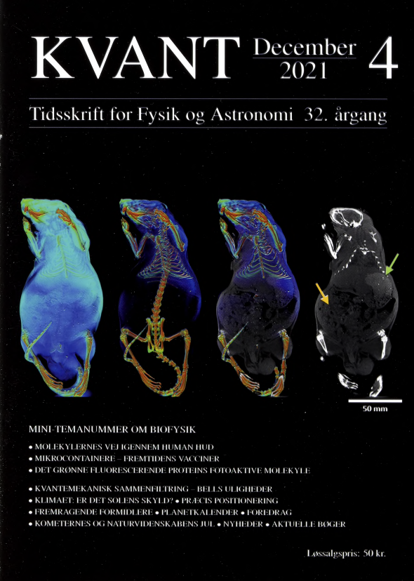 Billedet på forsiden viser et CT-skanningsbillede af en rotte aflivet 5 timer efter oral dosering af mikrocontainere fyldt med bariumsulfat. Pilene viser henholdsvis maven (grøn) og tyndtarmen (gul). Læs mere i artiklen side 7 om mikrocontainere af Philip Hassing Ronøe Carlsen, Rolf Bech Kjeldsen og Juliane Fjelrad Christfort. Kvant har denne gang et minitema om biofysik, og foruden artiklen om minicontainere kan du også læse om det grønne fluorescerende proteins fotoaktive molekyle i artiklen på næste side, samt om målinger af molekylernes vej gennem menneskets hud i artiklen side 1 2 . Derudover afslutter vi sommerens tema om kvantemekanik med anden del af Jan Myrheims artikel om Kvantemekanisk sammenfiltring.