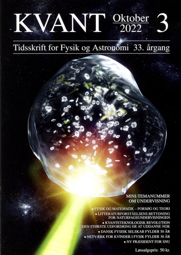 Billedet på forsiden illustrerer, hvordan plastik, som rammes af en højenergilaser, producerer nanodiamanter. Diamantregn findes måske på de store isplaneter Uranus og Neptun, og forskere ved Stanford Linear Accelerator Center i Californien har fundet ud af, at oxygen virker som en katalysator for diamantdannelsen og får diamanterne til at vokse. Forskerne brugte PET-plastik for at simulere sammensætningen af planeterne, da PET har en god balance mellem carbon, hydrogen og oxygen. I forsøget rammer en laser et tyndt lag PET-plastik og genererer en chokbølge, der komprimerer foliet, så trykket stiger til flere millioner bar i løbet af få nanosekunder. Under det ekstremt høje tryk dannes små nanodiamanter. Læs mere i Kvant-nyheder side 33. Billede: Greg Stewart/SLAC National Accelerator Laboratory.