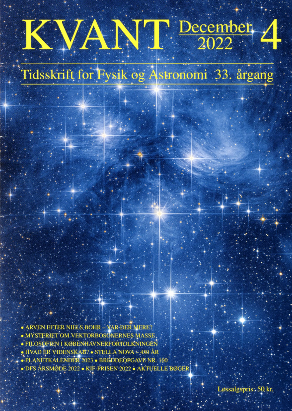 Billedet på forsiden viser Plejaderne, en stjernehob, som domineres af varme, blå stjerner, der tydeligt kan ses med det blotte øje om vinteren. Den kaldes også for De Syv Søstre og ligger 440 lysår fra Jorden i stjernebilledet Tyren. Billedet er taget af astrofotografen Jakob A. Andersen og er med i en ny bog “Himlen set fra Jorden”. Læs mere på side 32 i dette nummer af Kvant. Gengivet med tilladelse fra Strandberg Publishing.