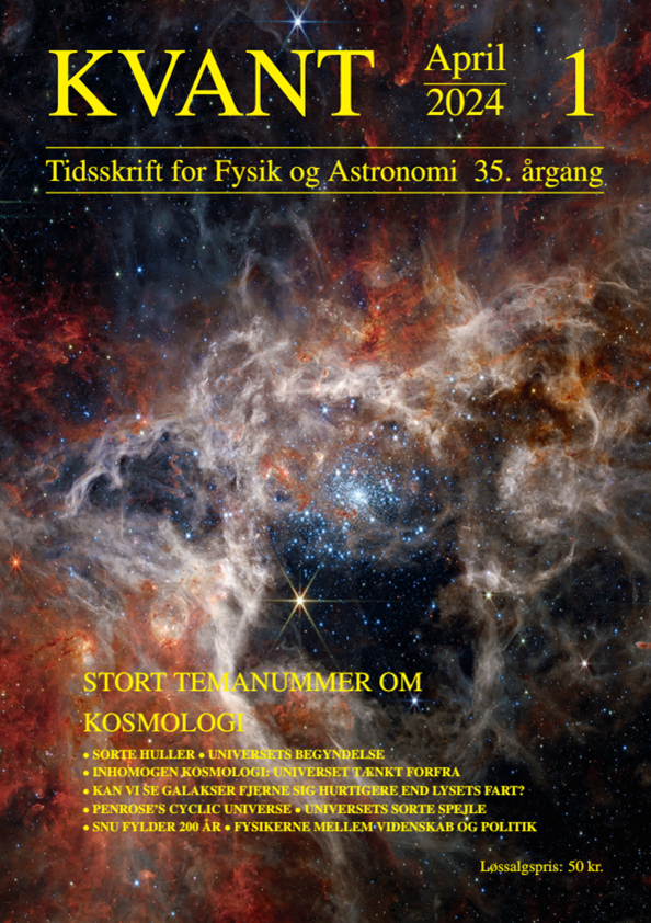Temanummer om kosmologi Dette nummer af Kvant har kosmologi som tema, og forsiden viser Taranteltågen i Den Store Magellanske Sky. Billedet er et mosaikbillede, der strækker sig over ca. 300 lysår, og er taget med NASAs James Webbteleskop. Billedet har afsløret titusinder af unge stjerner, der ikke er set tidligere, fordi de var indhyllet i kosmisk støv. Den mest aktive lyseblå region ser ud til at funkle med massive unge stjerner. Foto: NASA, ESA, CSA, STScI, Webb ERO Production Team.
