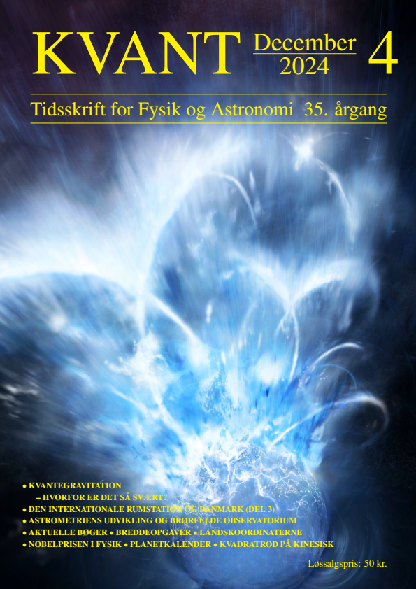 Forsidebilledet viser et voldsomt magnetisk udbrud fra en neutronstjerne. I et kort tidsrum på få sekunder udsender stjernen lys med ekstremt høj energi, som skyldes, at stjernens magnetiske feltlinjerne er blevet viklet rundt om hinanden. Det svarer til at tage en tyk elastik og trække i enderne, indtil den går i stykker. Enderne flyver hurtigt væk fra hinanden og resten vibrerer i en kort periode derefter. Læs mere i artiklen på næste side af Carol Anne Oxborrow. Billede: Birkeland Centre for Space Science, Daniel Schmelling/Mount Visual.