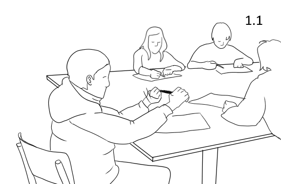 Figure 1.1 Paulo on the left fiddles with his pencil. Ebba and Eimar sit across the table and Rolan’s back is on the right. Angle from camera 1.
